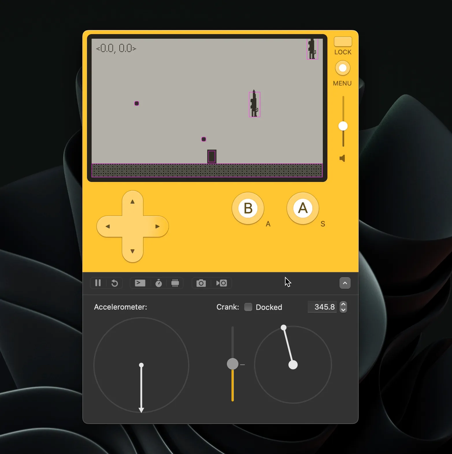 Playdate simulator with a rectangle character and falling alligators