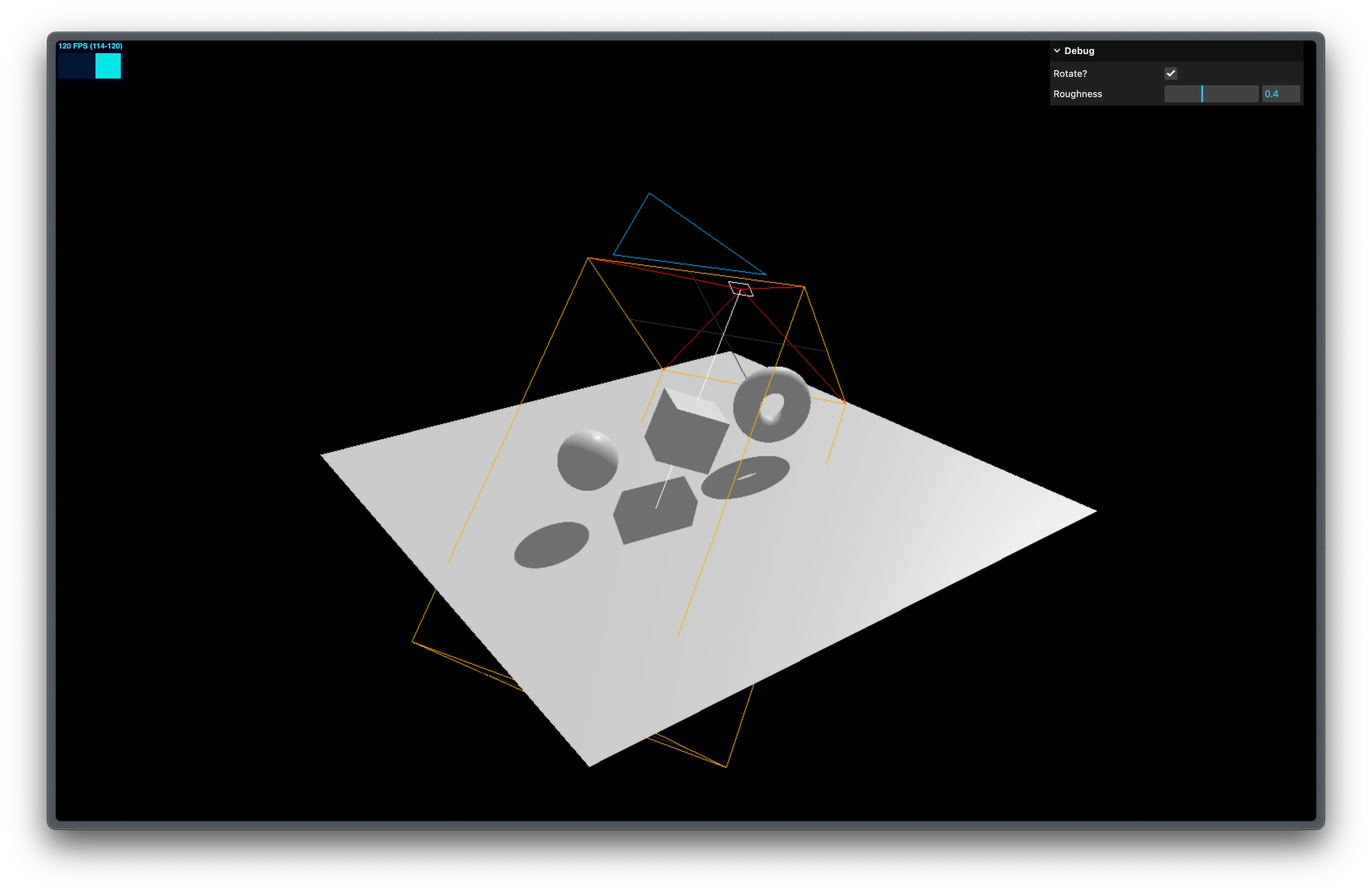 Three.js scene with basic objects, shadows, and a light camera helper