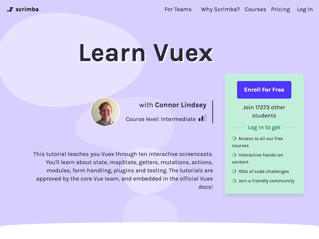 Vuex course home page on Scrimba