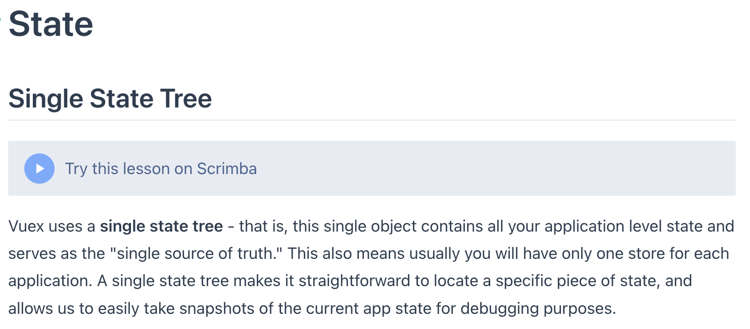 Link to the course from the vuex docs saying 'try this lesson on scrimba'
