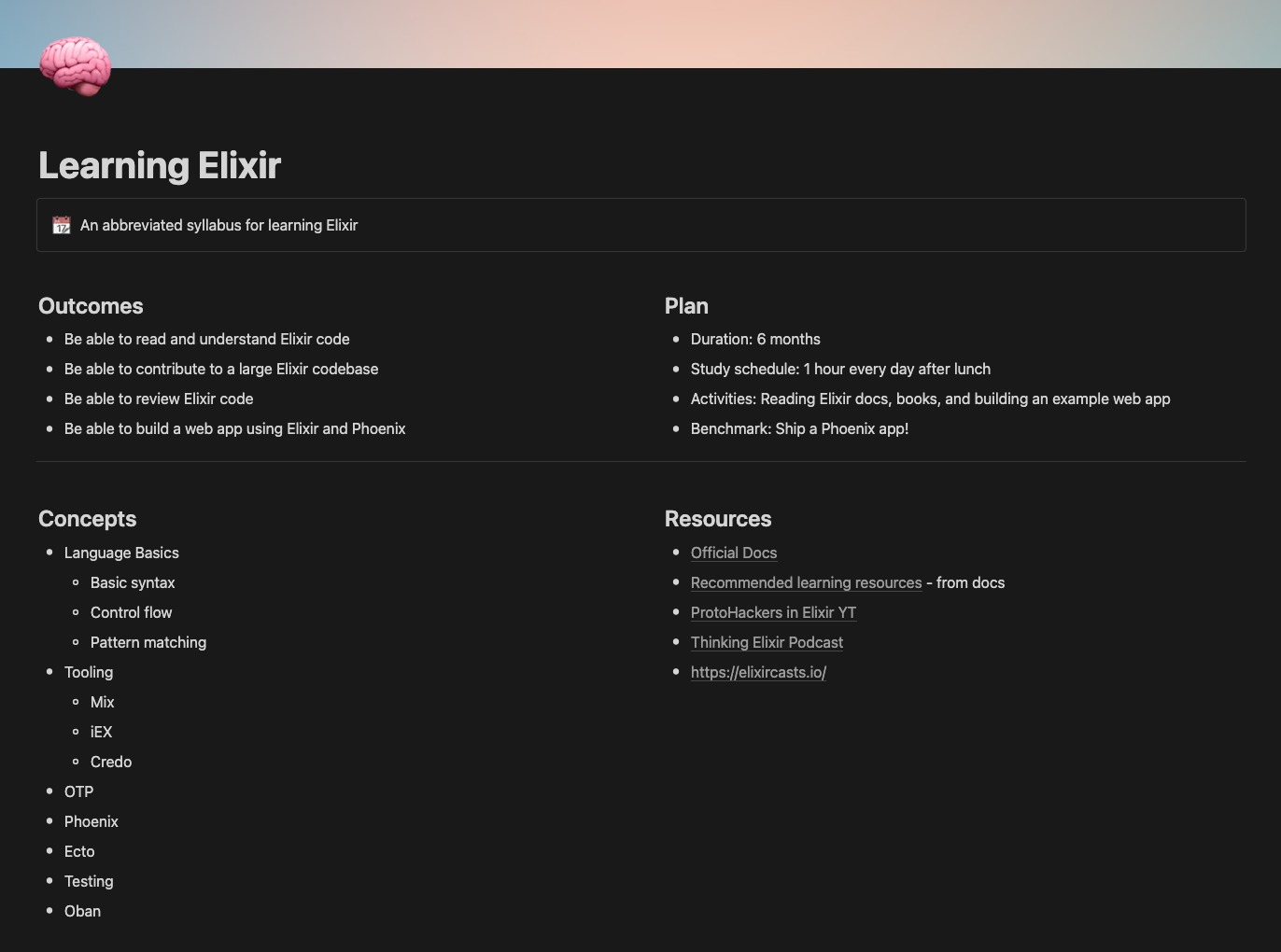 Personal elixir syllabus in Notion