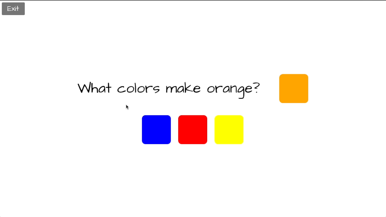 GIF of the color mixer quiz mode showing mixing colors like blue and yellow to unlock new colors like green and teal