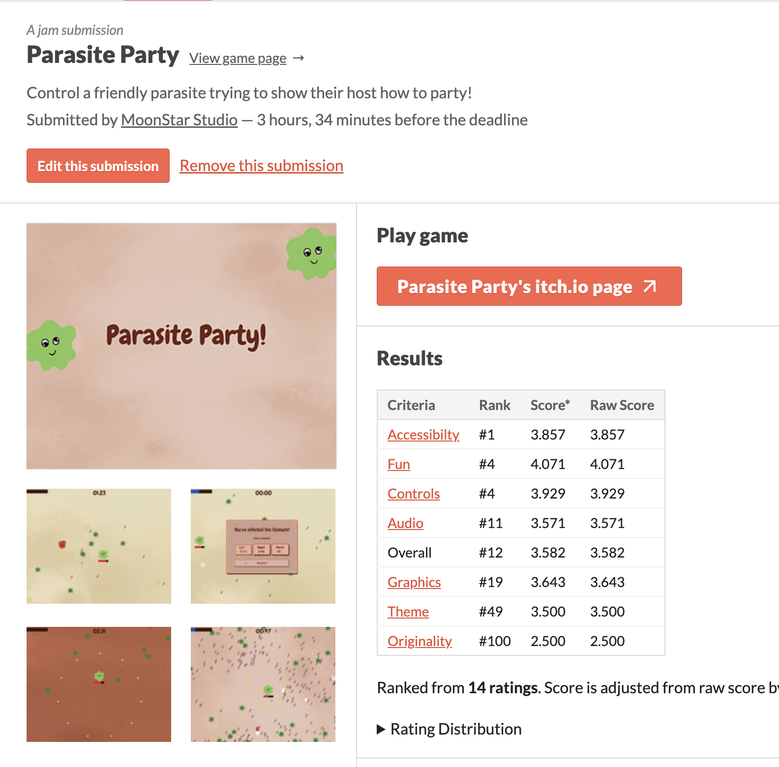 Parasite Party game jam results. #12 overall and #4 in fun