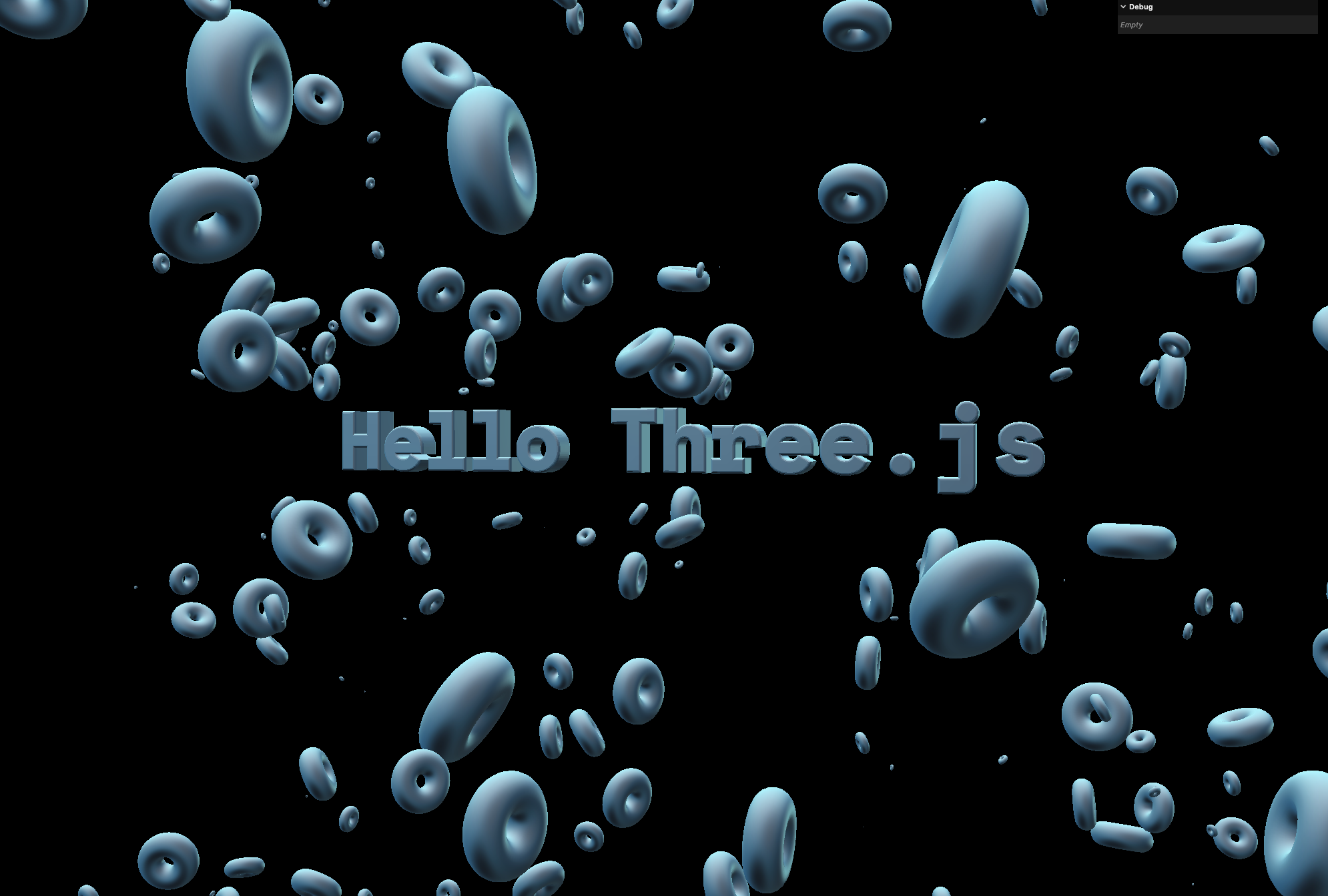 Three.js scene with 3D text and random objects with a blueish matcap